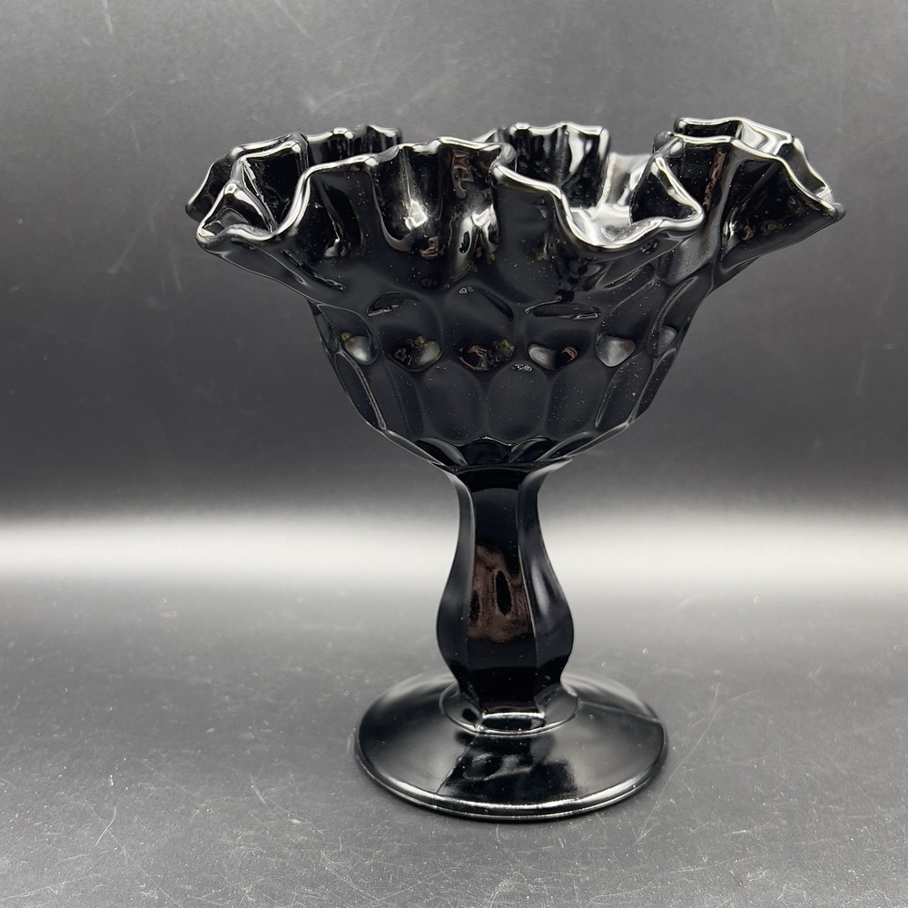 FENTON Black Glass Thumbprint Ruffled Rim Footed Candy Dish VTG 6"